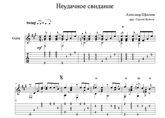Неудачное свидание (А. Цфасман) ноты для гитары