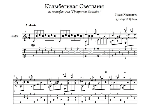 Lullaby of Svetlana (Hussar Ballad) notes for guitar