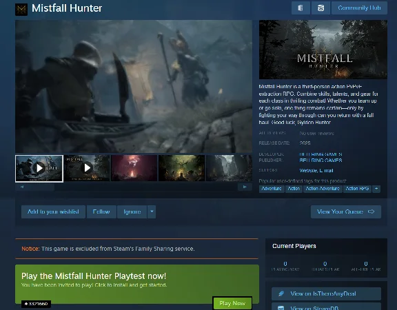 Mistfall Hunter Playtest 4.22th 【STEAM Account】