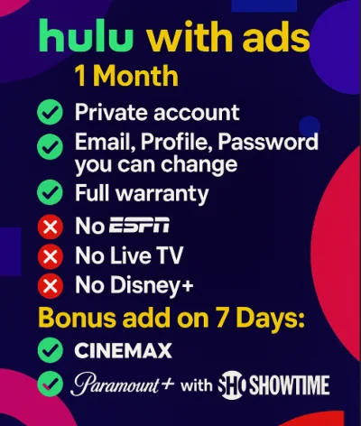 Hulu Private Бонус на 1 месяц Cinemax, Paramount Showti