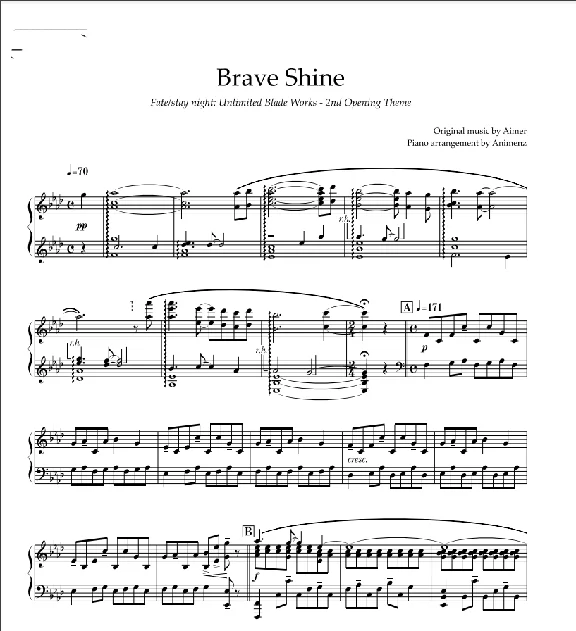 Sheet Animenz - Brave Shine - Fate/stay night OP2