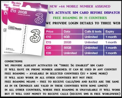 +£10Activated eSIM THREE UK +44 works in roamingfor sms