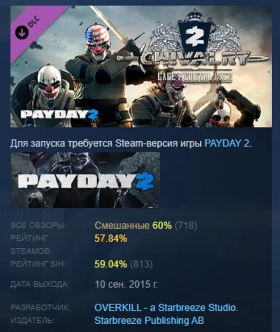 PAYDAY 2: Gage Chivalry Pack DLC STEAM РОССИЯ
