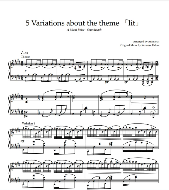 Sheet Animenz - 5 Variations on "Lit" - Koe no Katachi