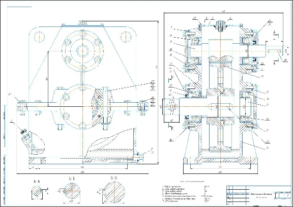 Drawing of a vertical cylindrical gearbox