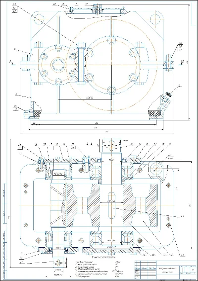 Drawing of a single-stage chevron gear reducer m=2, a=1