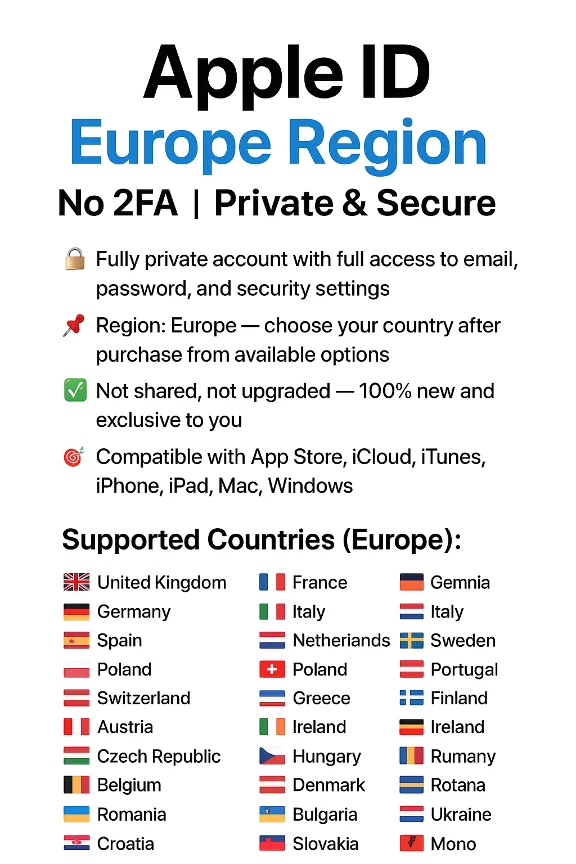 Apple ID UK + France + Germany + Others | No 2FA 🔐