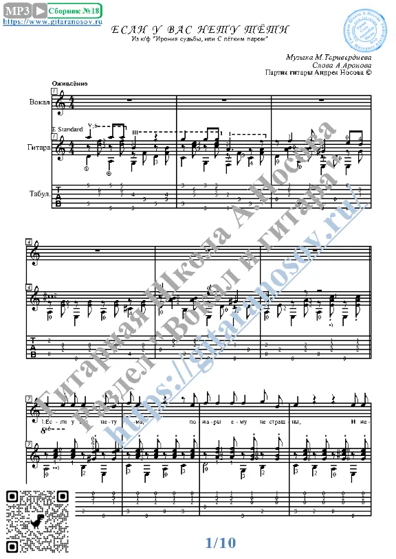 Esli u vas netu tyoti (Vocals Guitar Sheet Music Tabs)