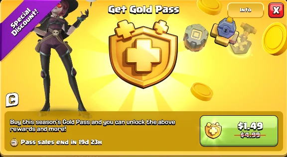 Clash of Clans Gold Pass|Gems|Skins|Scenery|Packs