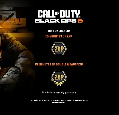 15 MIN DOUBLE XP + 15 MIN WEAPON XP COD BLACK OPS 7/6