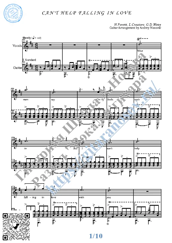 Can&acute;t Help Falling in Love (Vocals Guitar Notes Tabs)