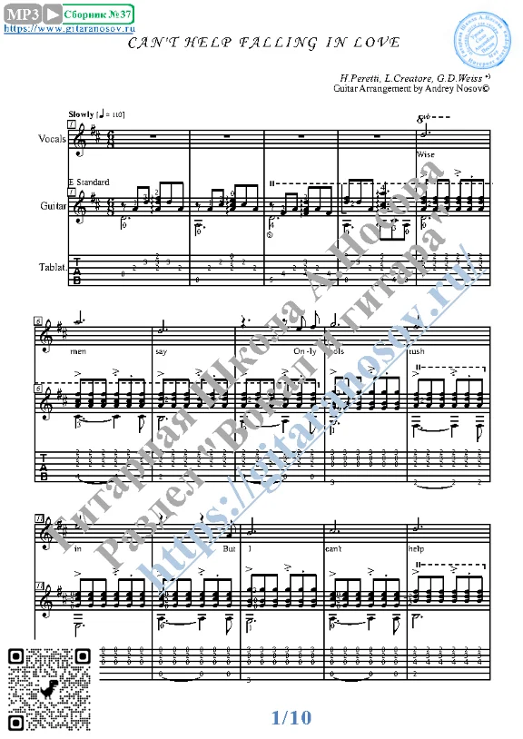 Can&acute;t Help Falling in Love (Vocals Guitar Notes Tabs)