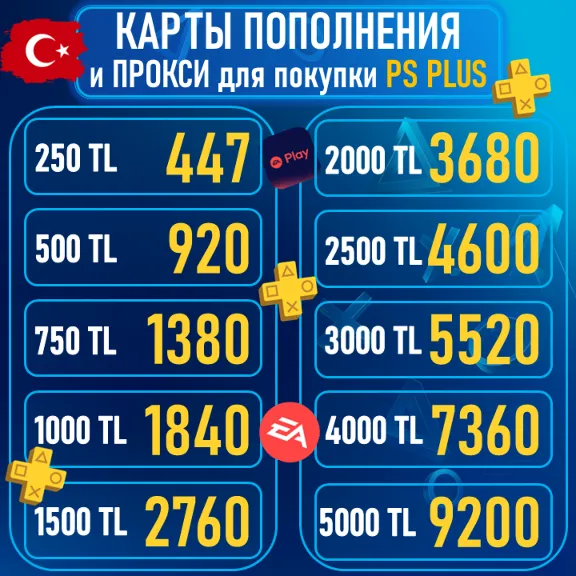 🔑КАРТА|КОД ПОПОЛНЕНИ БАЛАНС PSN PLAYSTATION PS 1000-2000-2500-3000-4000-5000 TL ТУРЦ