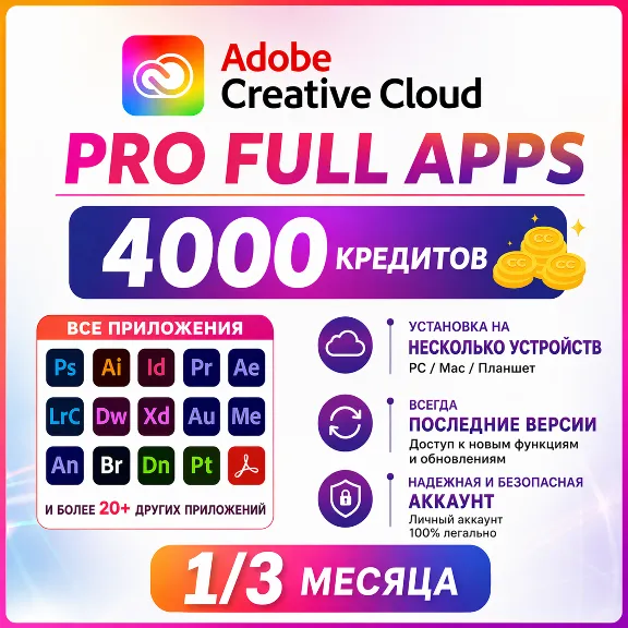 Adobe Creative Cloud PRO — 4000 кредитов + БЕСПЛАТНО Canva Pro Team | ПОЛНЫЙ ДОСТУП