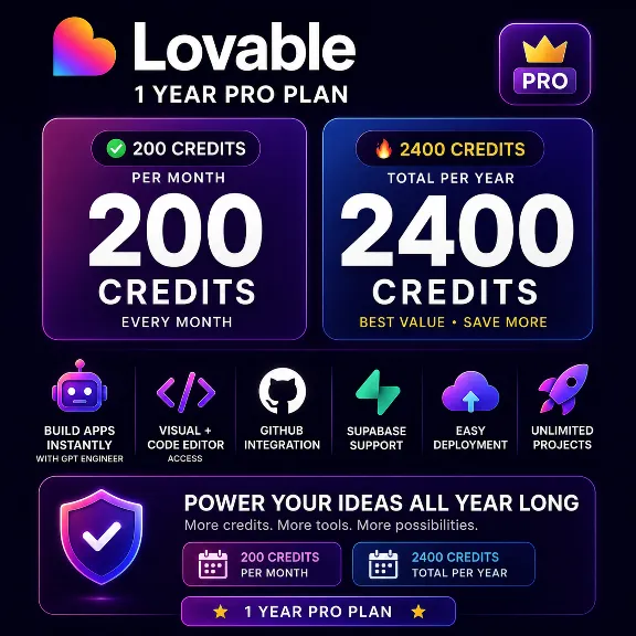 🚀 Lovable Pro – 1 Year Plan | 2400 Total Credits | 200 Credits Per Month