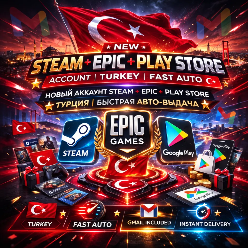 ⭐ Новый Steam + Epic + Play Store Gmail Аккаунт | Турция | Быстрая Авто-Выдача ⭐