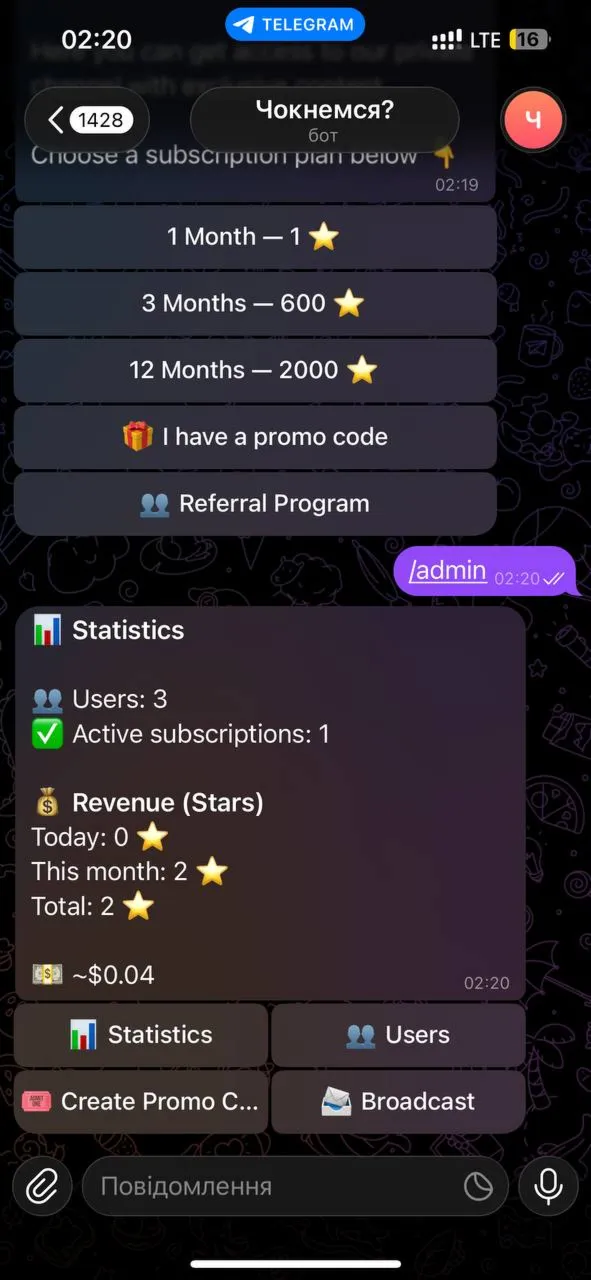 Telegram бот платной подписки | Stars | Рефералка | Промокоды | Исходный код