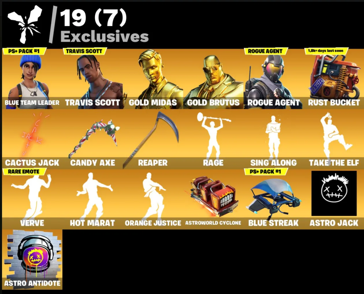 FN | Blue Team Leader  | Travis Scott | Gold Midas | 97 skins (38 paid) | 650 VB