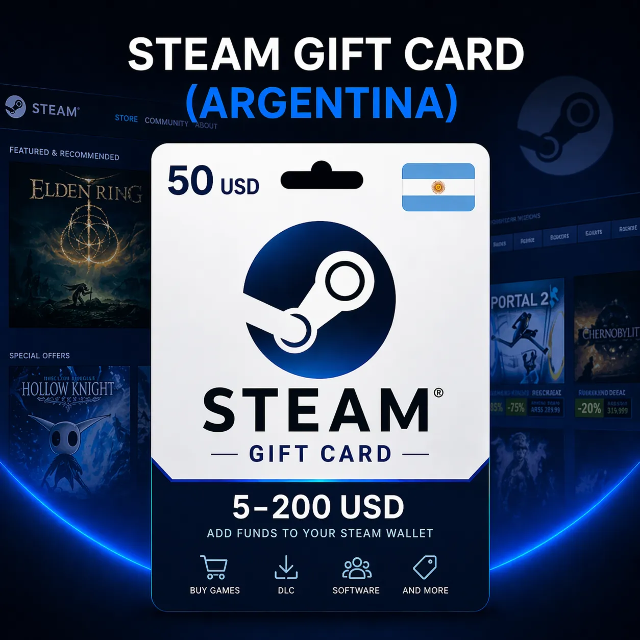 Steam Gift Card (Аргентина) 5–200 USD | Код пополнения Steam