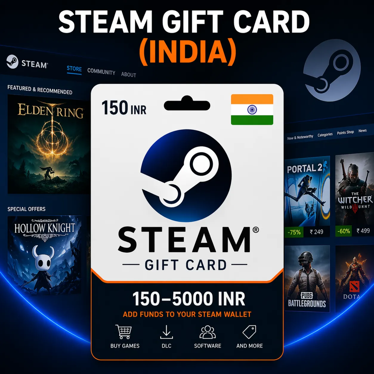 Steam Gift Card (Индия) 130–5000 INR | Код пополнения Steam