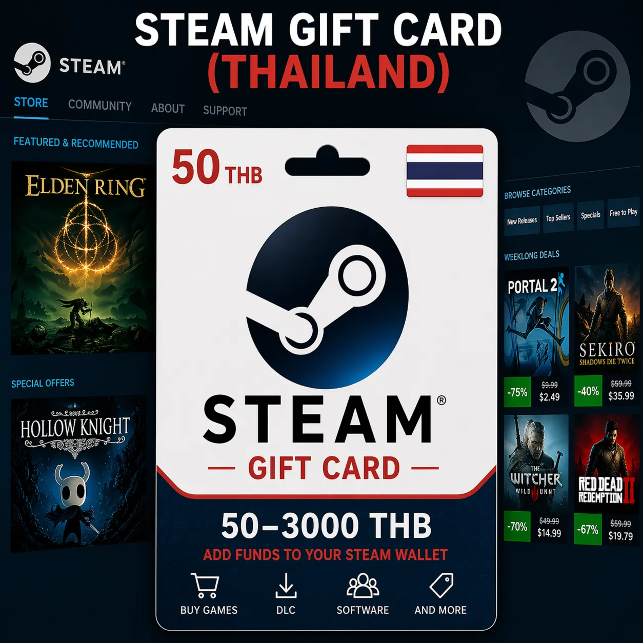 Steam Gift Card (Таиланд) 50–3000 THB | Код пополнения Steam