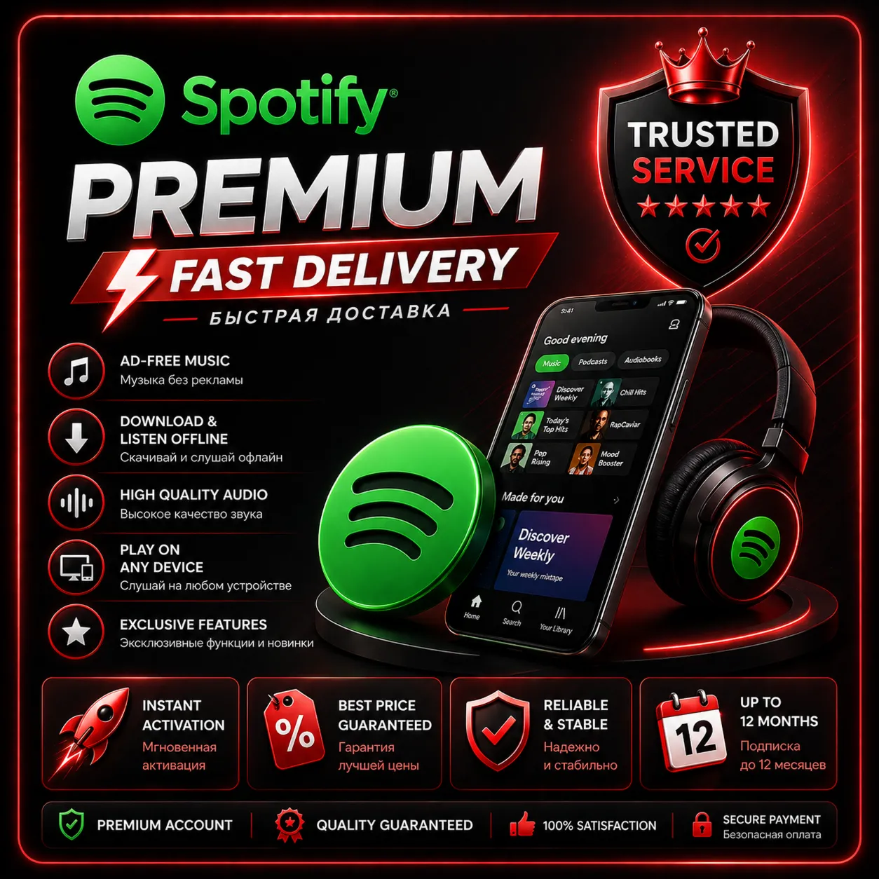 Spotify Premium: Индивидуальная подписка (Standard / Platinum) | Работает по всему ми
