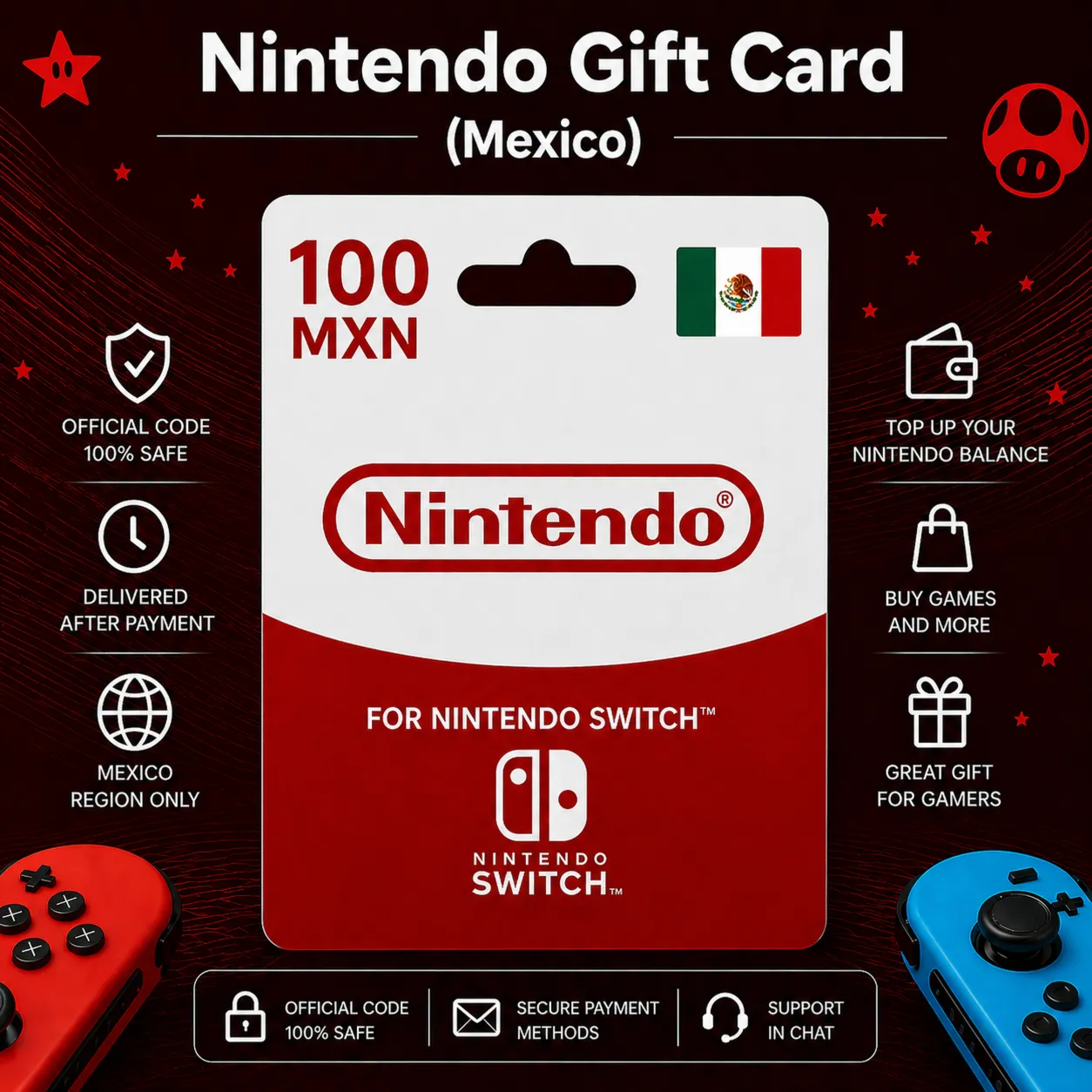 Nintendo Gift Card (Мексика) 100–1000 MXN | Код пополнения Nintendo