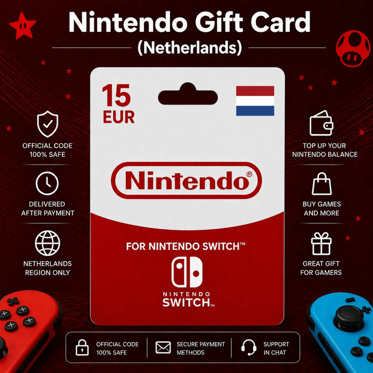 Nintendo Gift Card (Нидерланды) 15–100 EUR | Код пополнения Nintendo