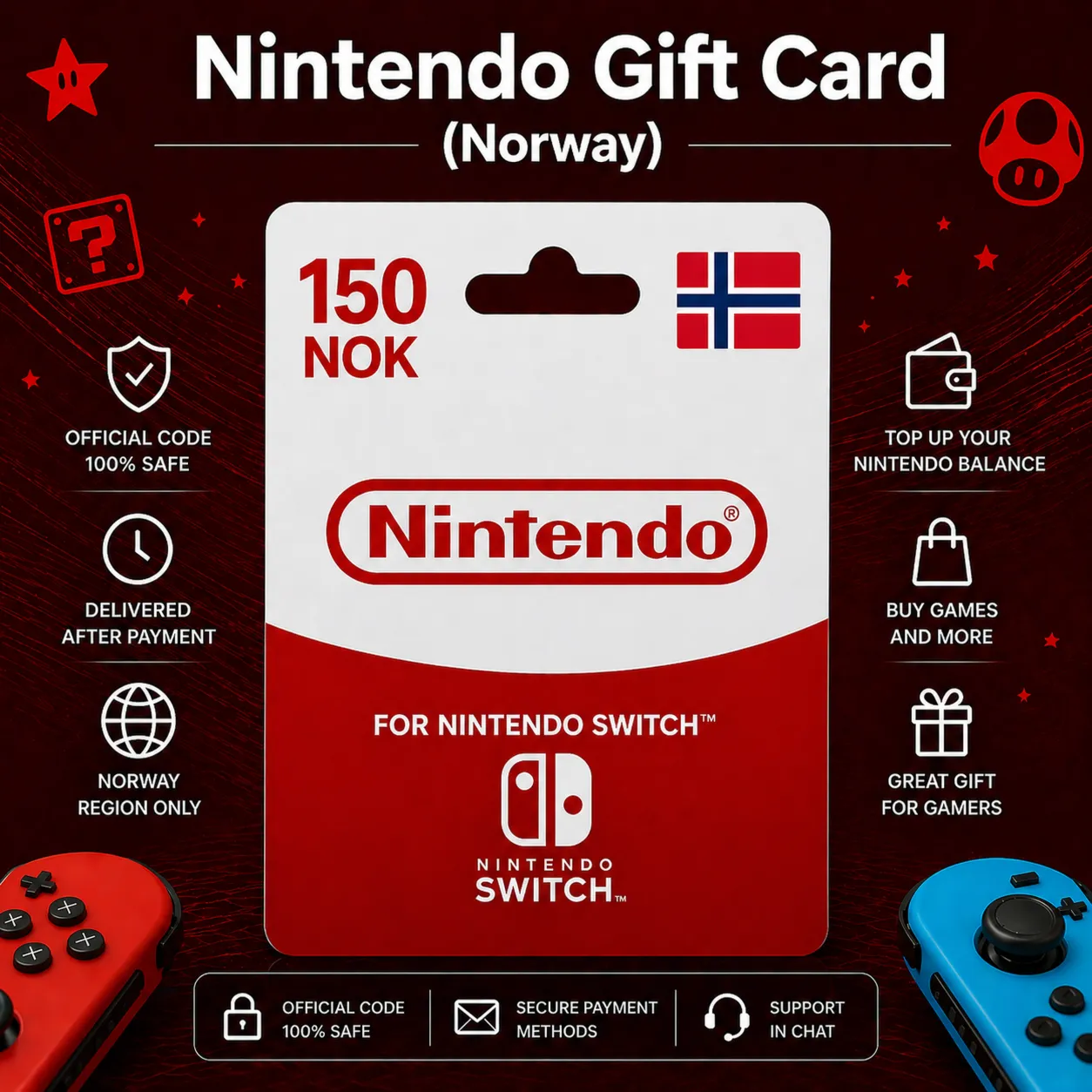 Nintendo Gift Card (Норвегия) 150–1000 NOK | Код пополнения Nintendo