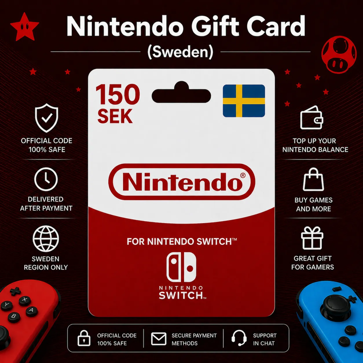Nintendo Gift Card (Швеция) 150–1000 SEK | Код пополнения Nintendo