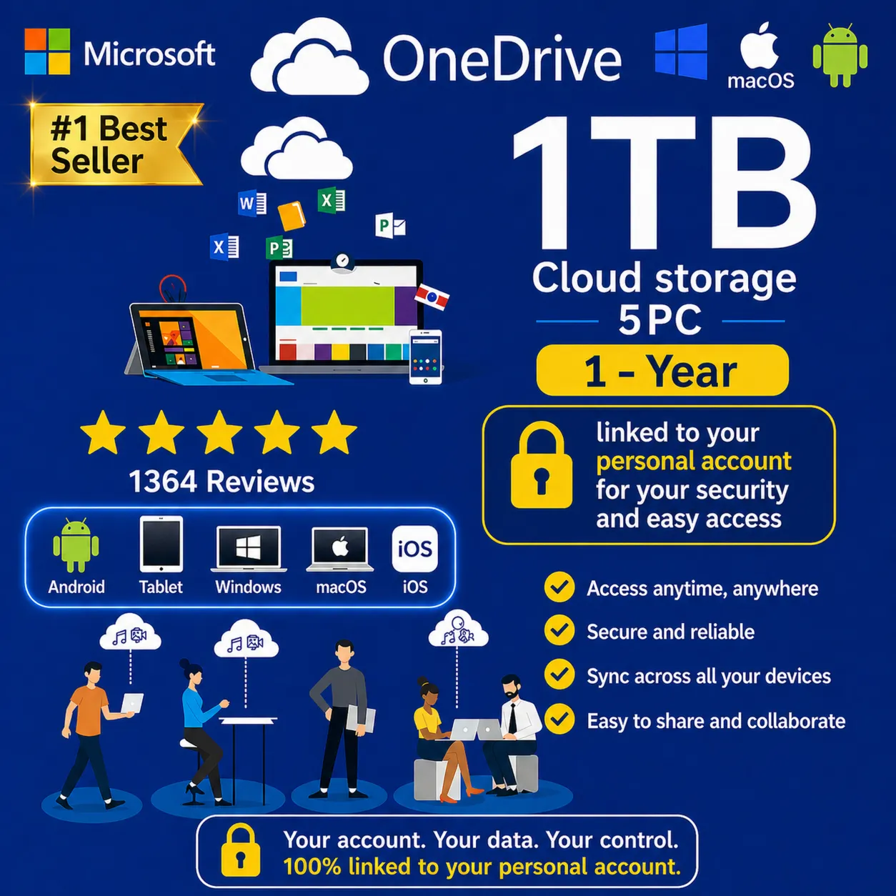 OneDrive 1ТБ | Частный на 1 год | Привязка к вашей почте | 5 ПК Все устройства