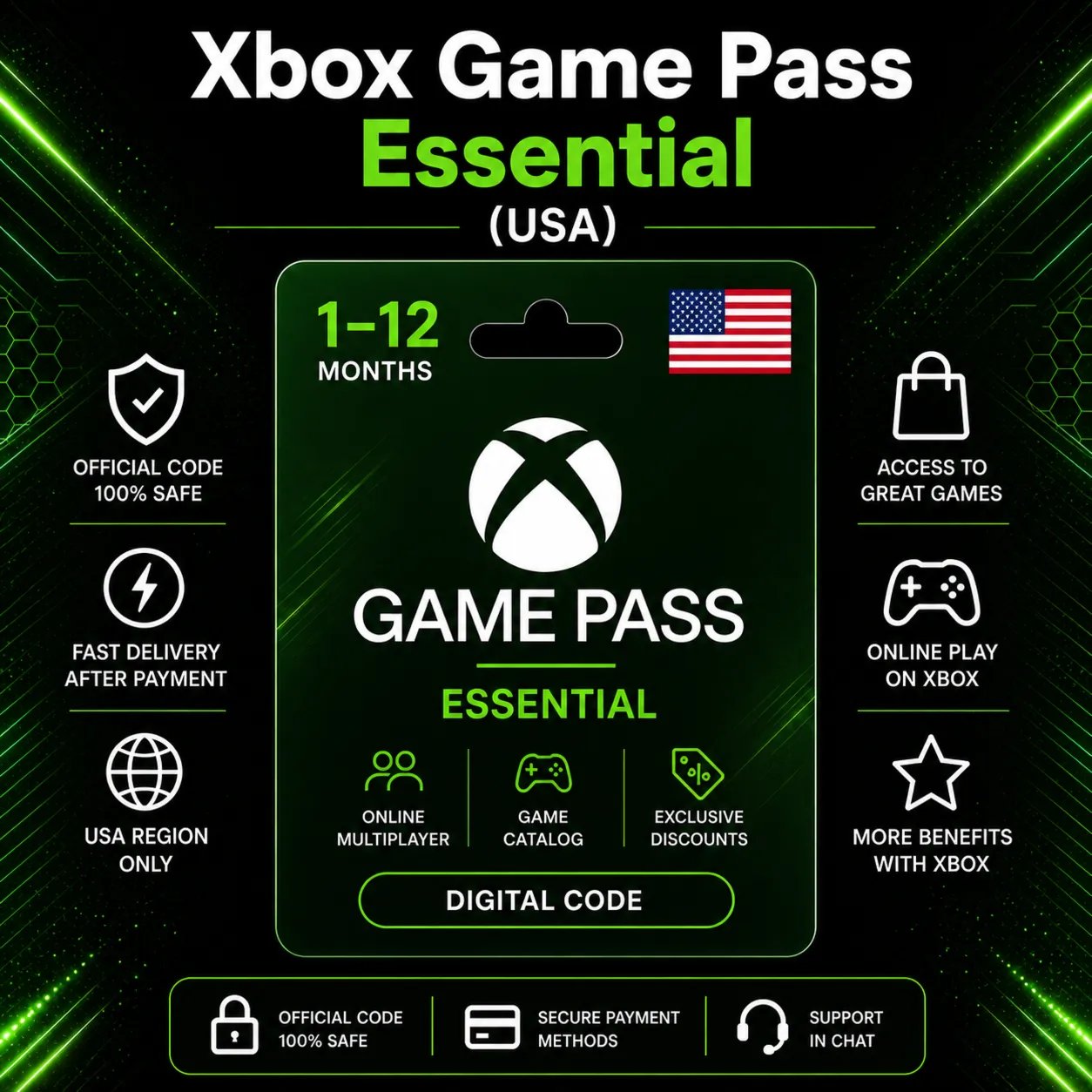 Xbox Game Pass Essential (США) 1–12 месяцев | Код активации Xbox