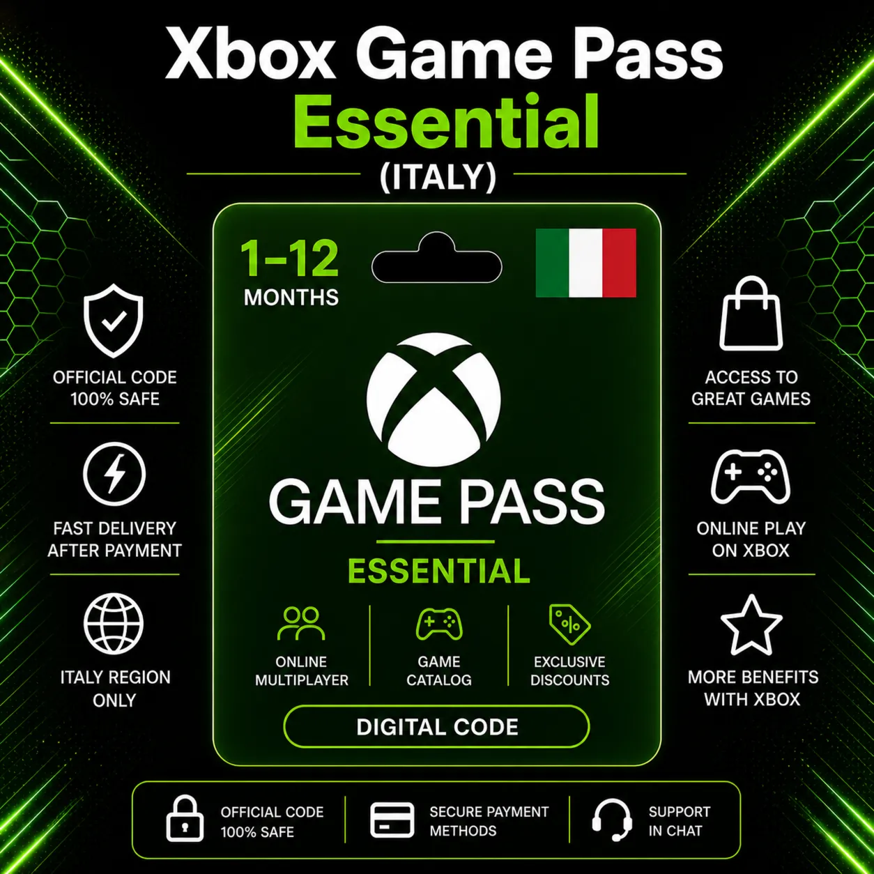 Xbox Game Pass Essential (Италия) 1–12 месяцев | Код активации Xbox