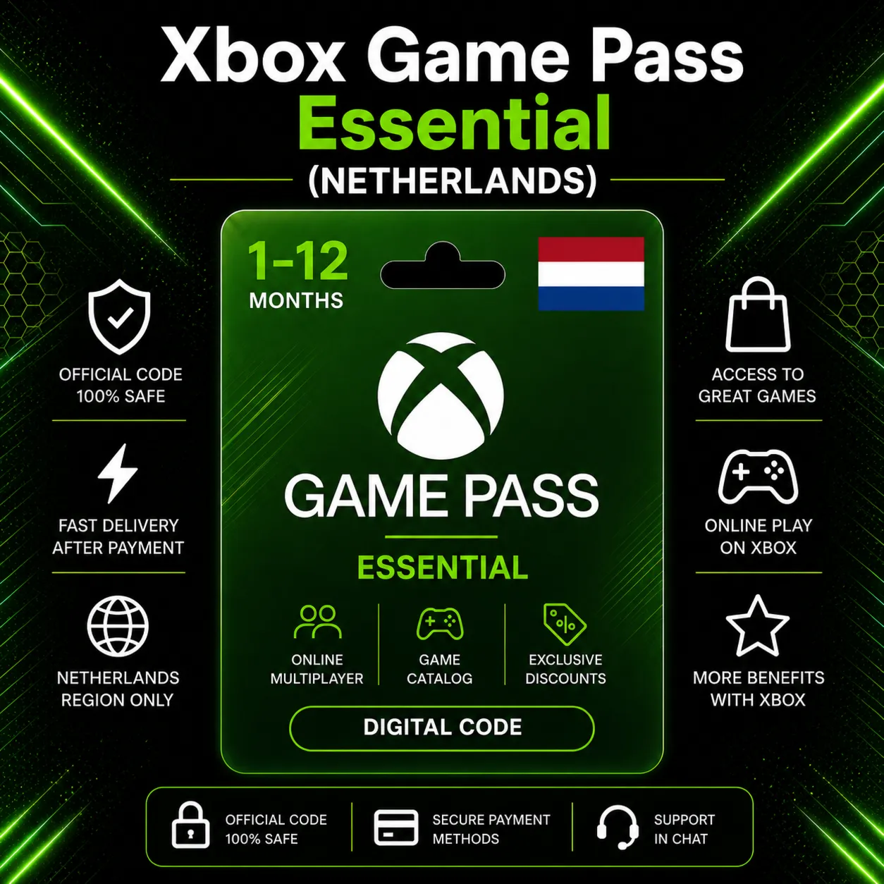 Xbox Game Pass Essential (Нидерланды) 1–12 месяцев | Код активации Xbox