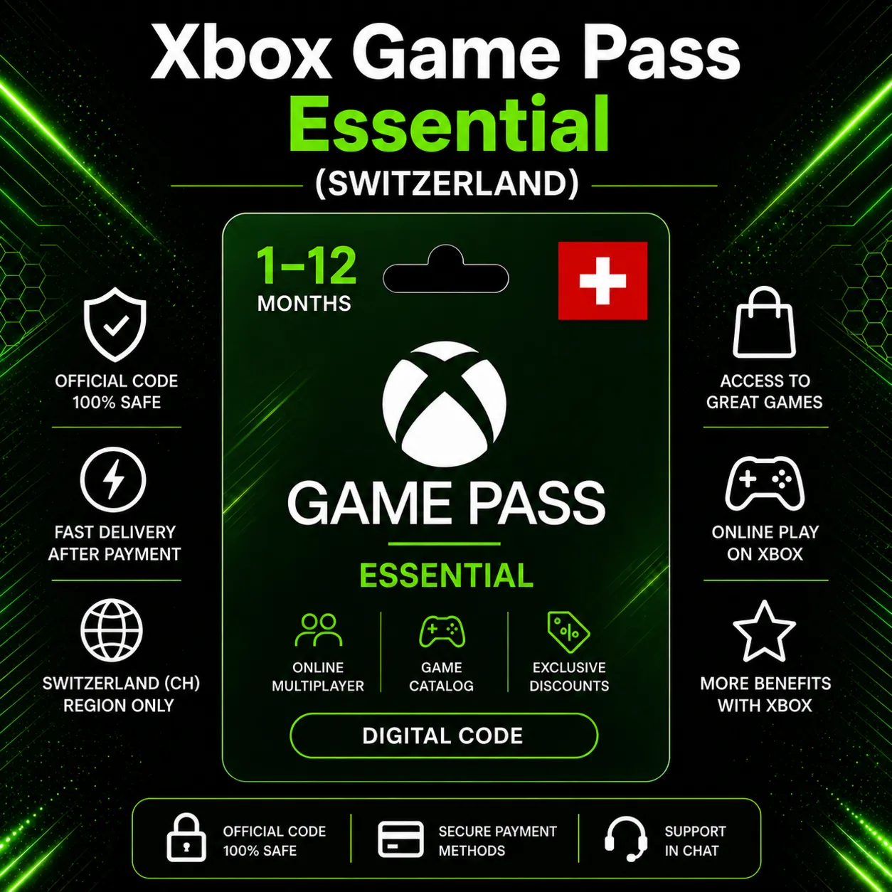 Xbox Game Pass Essential (Швейцария) 1–12 месяцев | Код активации Xbox