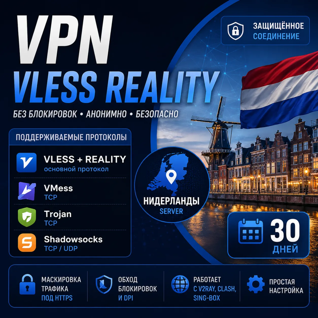 VLESS REALITY (Нидерланды) — 30 дней