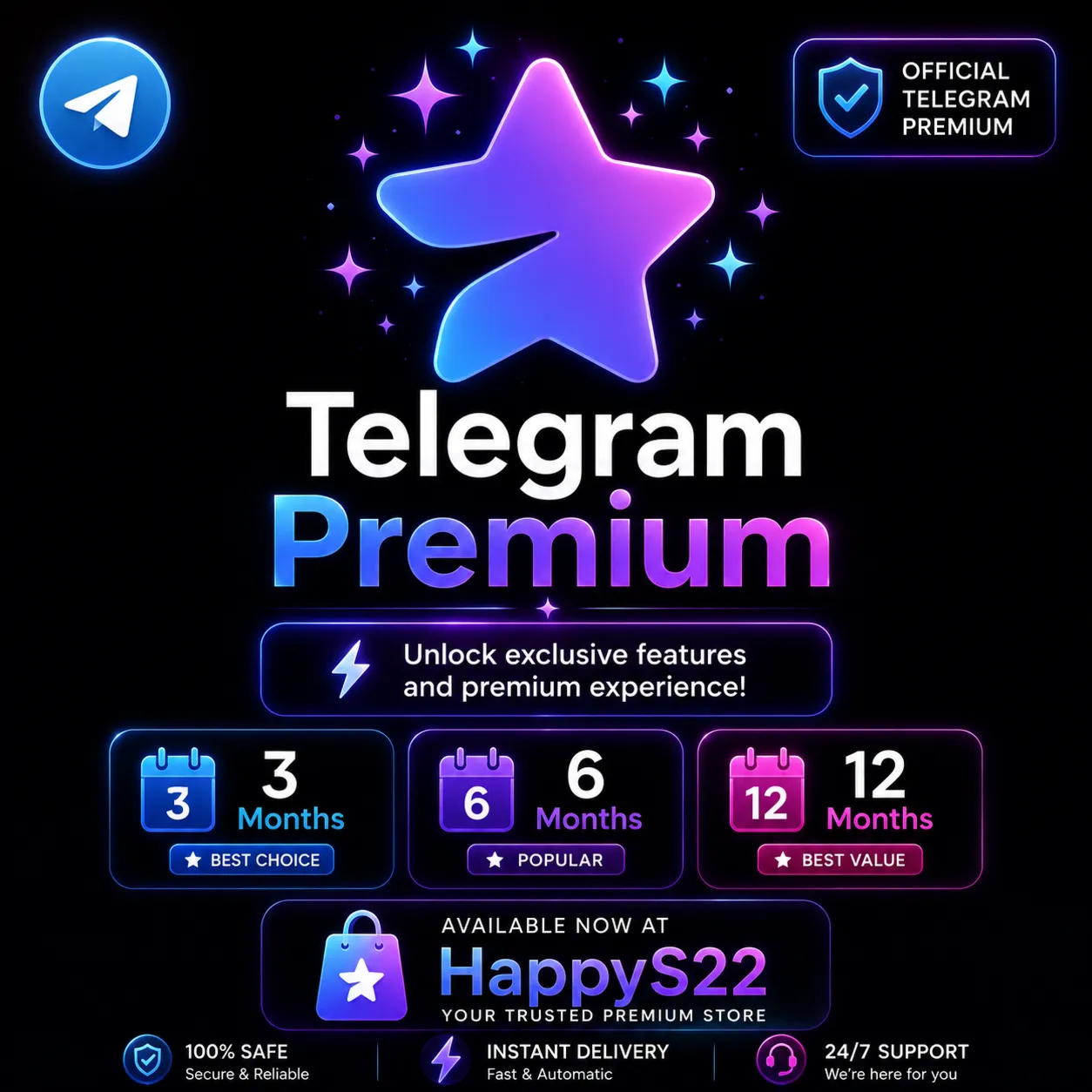 Telegram Premium 🚀 Мгновенная автоматическая доставка 24/7 | 3, 6 и 12 месяцев