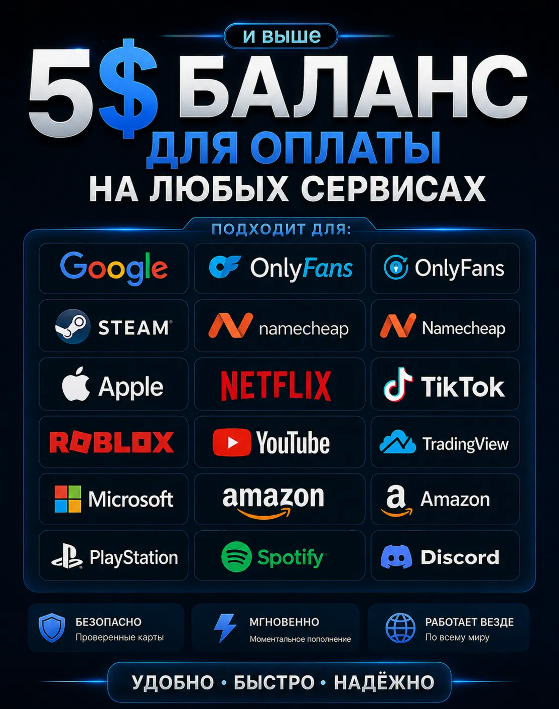 5$ US Виртуальные карты — оплата на любых сервисах • Цена в USD