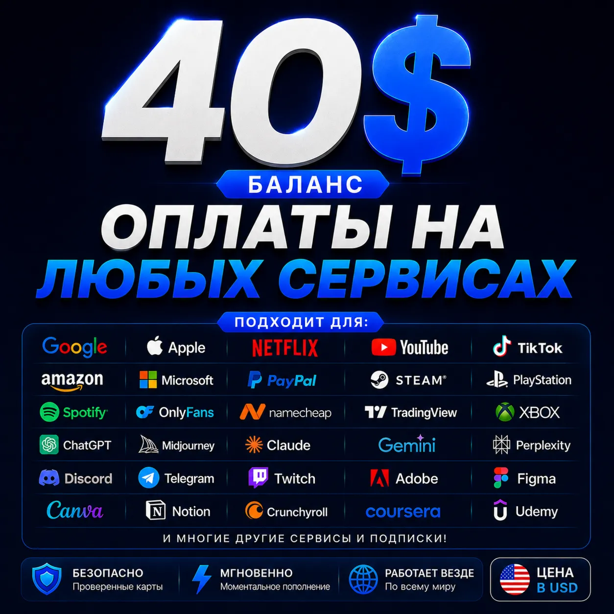 40$US Карта для оплаты на любых сервисах • Баланс в USD - irongamers.ru