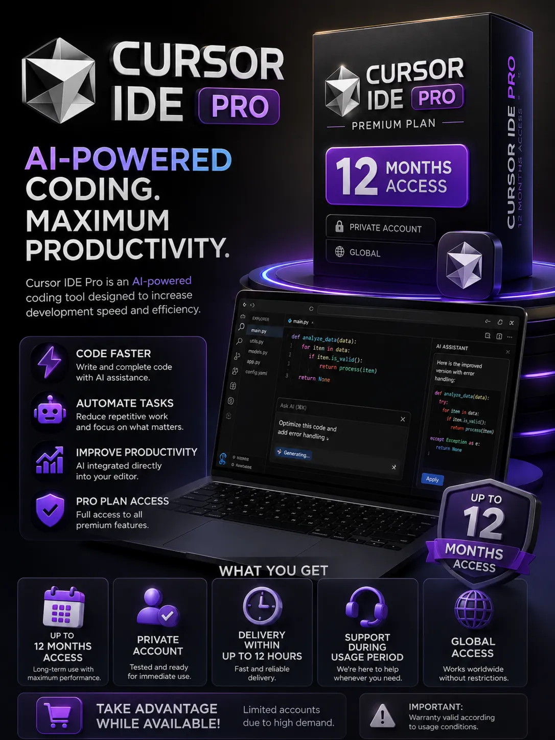 Cursor AI Pro Subscription 12 Months - Private Account (Global) - irongamers.ru
