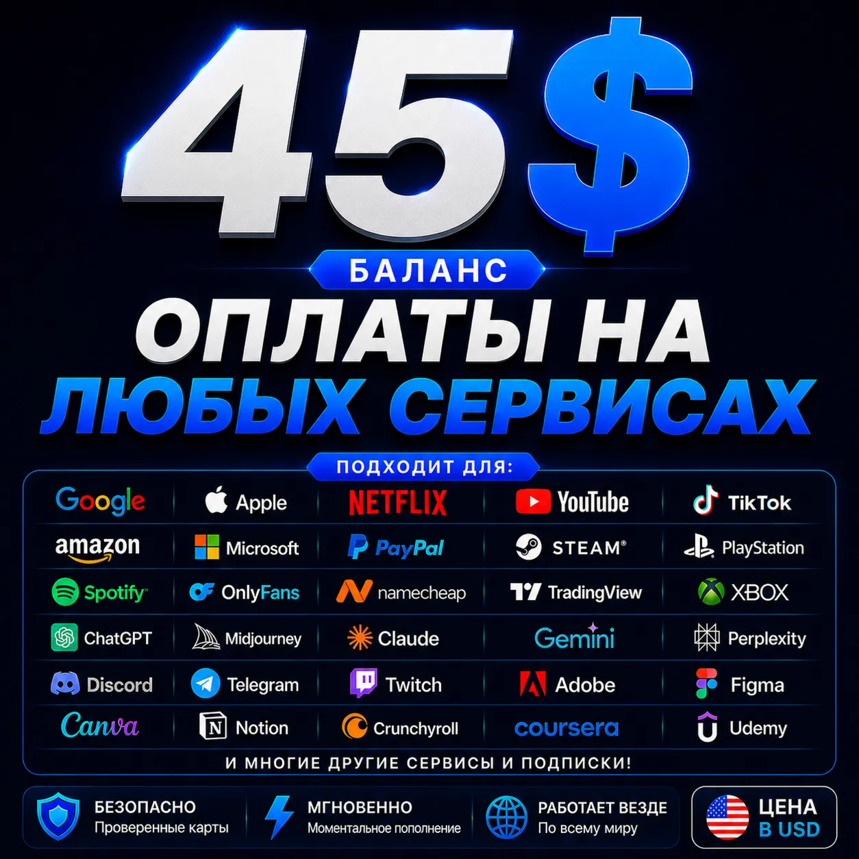45$ US Карта для оплаты на любых сервисах • Баланс в USD