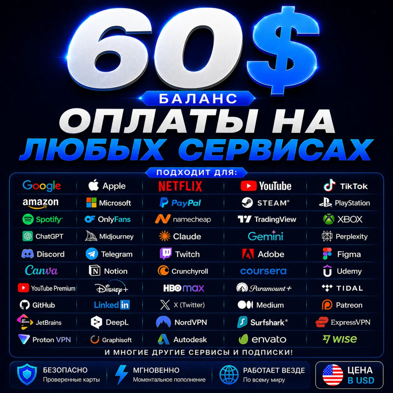 60$ US Карта для оплаты на любых сервисах • Баланс в USD