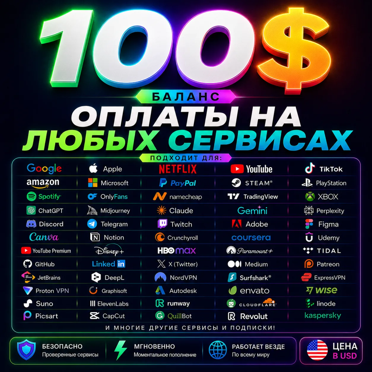 100$ US Карта для оплаты на любых сервисах + баланс в USD