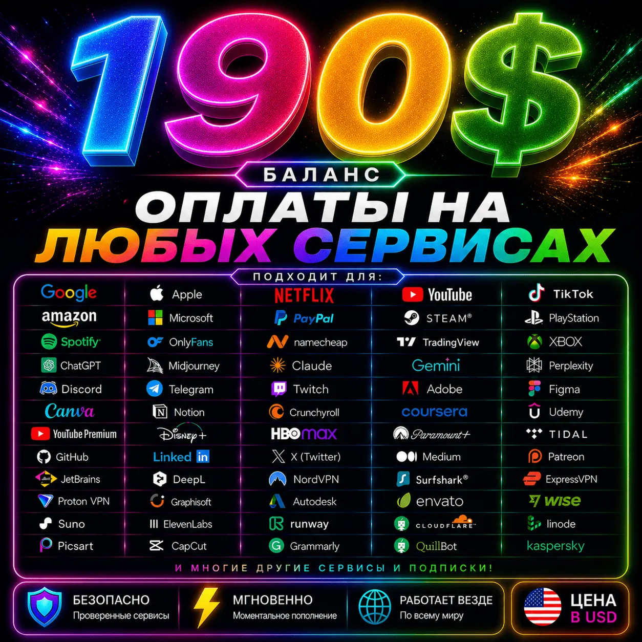 190$ US Карта для оплаты на любых сервисах + баланс в USD