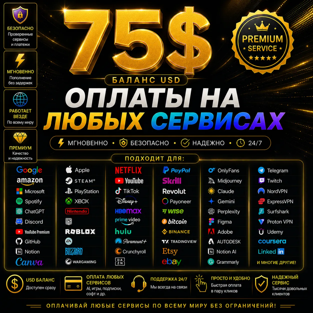 75$ Премиальная американская карта для Patreon, OF, PayPal и использования по всему м