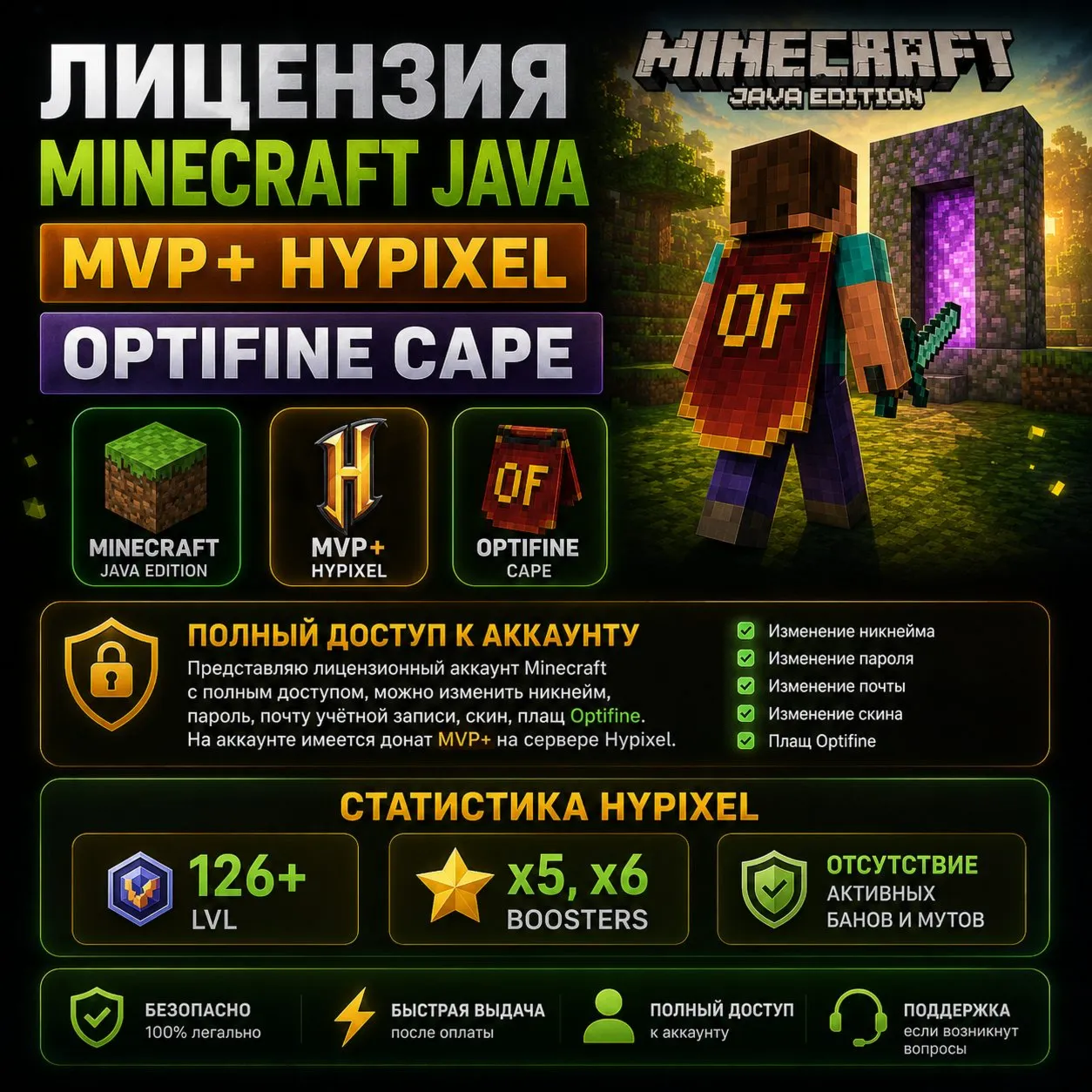 Лицензия Minercaft Java, MVP+ Hypixel, OptiFine Cape - irongamers.ru