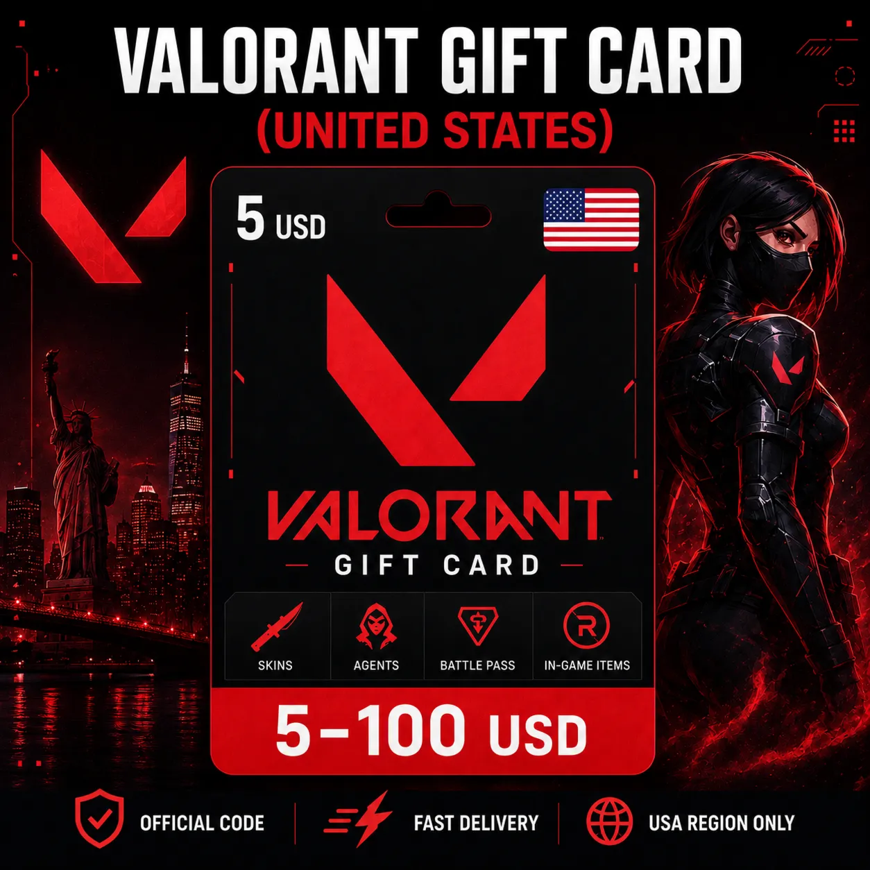 Valorant Gift Card (США) 5–100 USD | Код пополнения