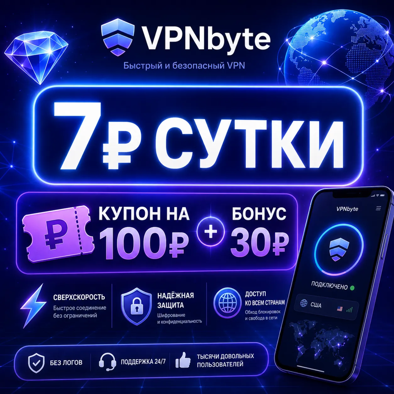 💎 byte🌎 7₽ СУТКИ⚡ КУПОН НА 100₽ + БОНУС 30₽💎 