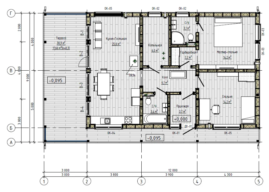 FH-4 — каркасный дом 139 м², 3 спальни, мастер-спальня, печь и терраса