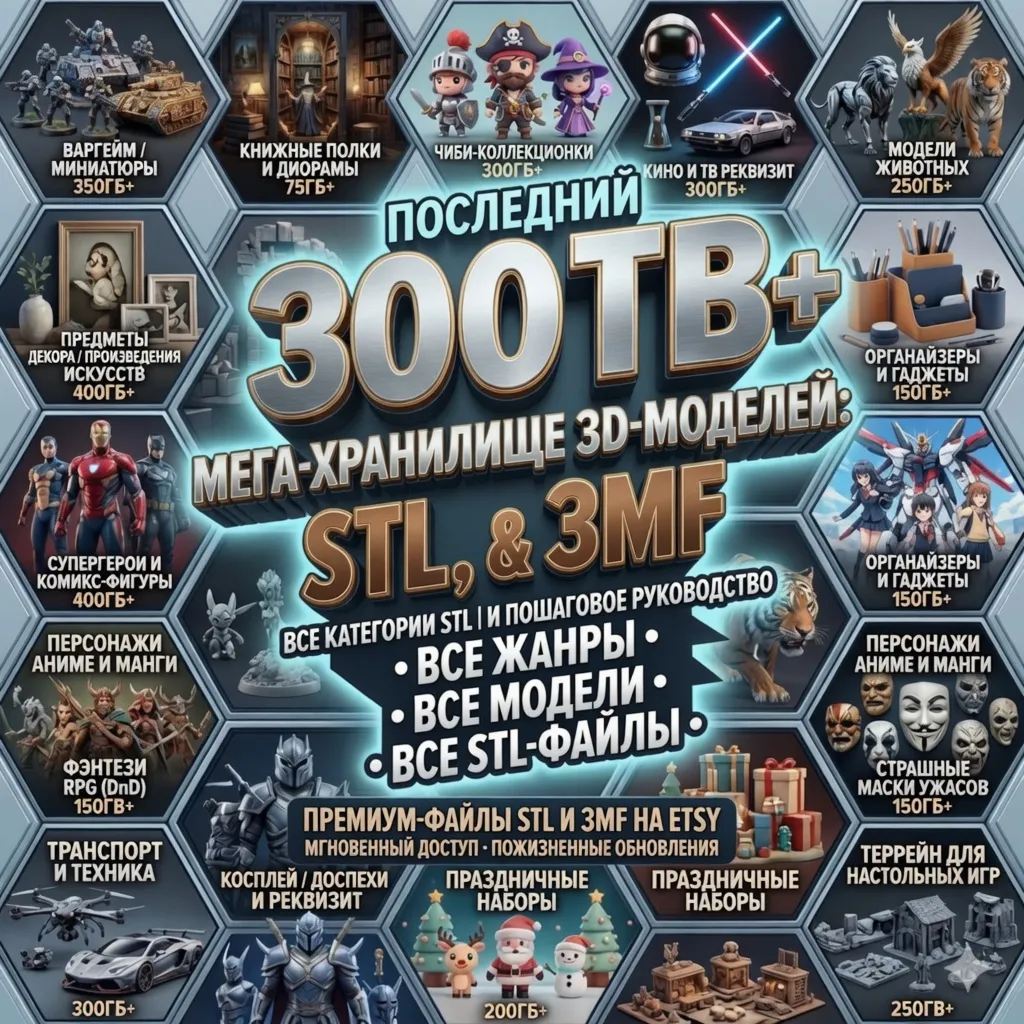 Мегапак STL для 3D-печати — 300+ ТБ моделей | 40+ категорий | Marvel, Anime и прочее.